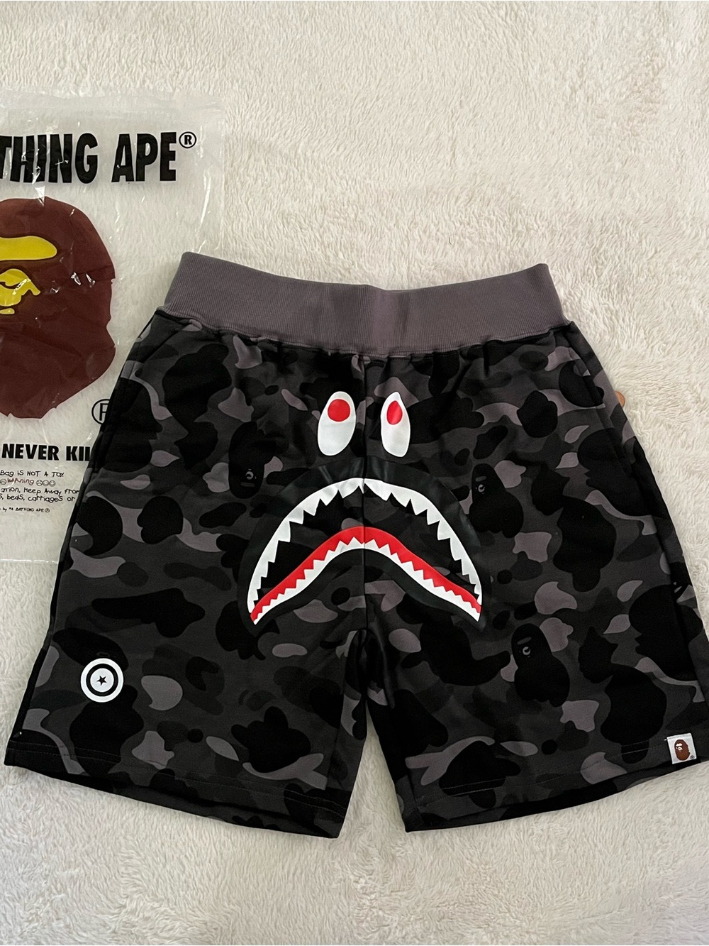BAPE Shark Camo Shorts in Black/Grey